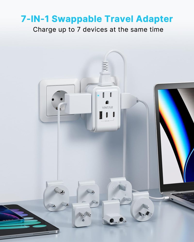 VINTAR طقم محول السفر العالمي، سلك تمديد قابل للفصل بطول 3 أقدام مع 4 مآخذ AC و 3 USB (2 USB C)، محول طاقة دولي من نوع A/C/G/D/I/M للولايات المتحدة إلى أوروبا المملكة المتحدة الهند جنوب أفريقيا اليابان - Image 3